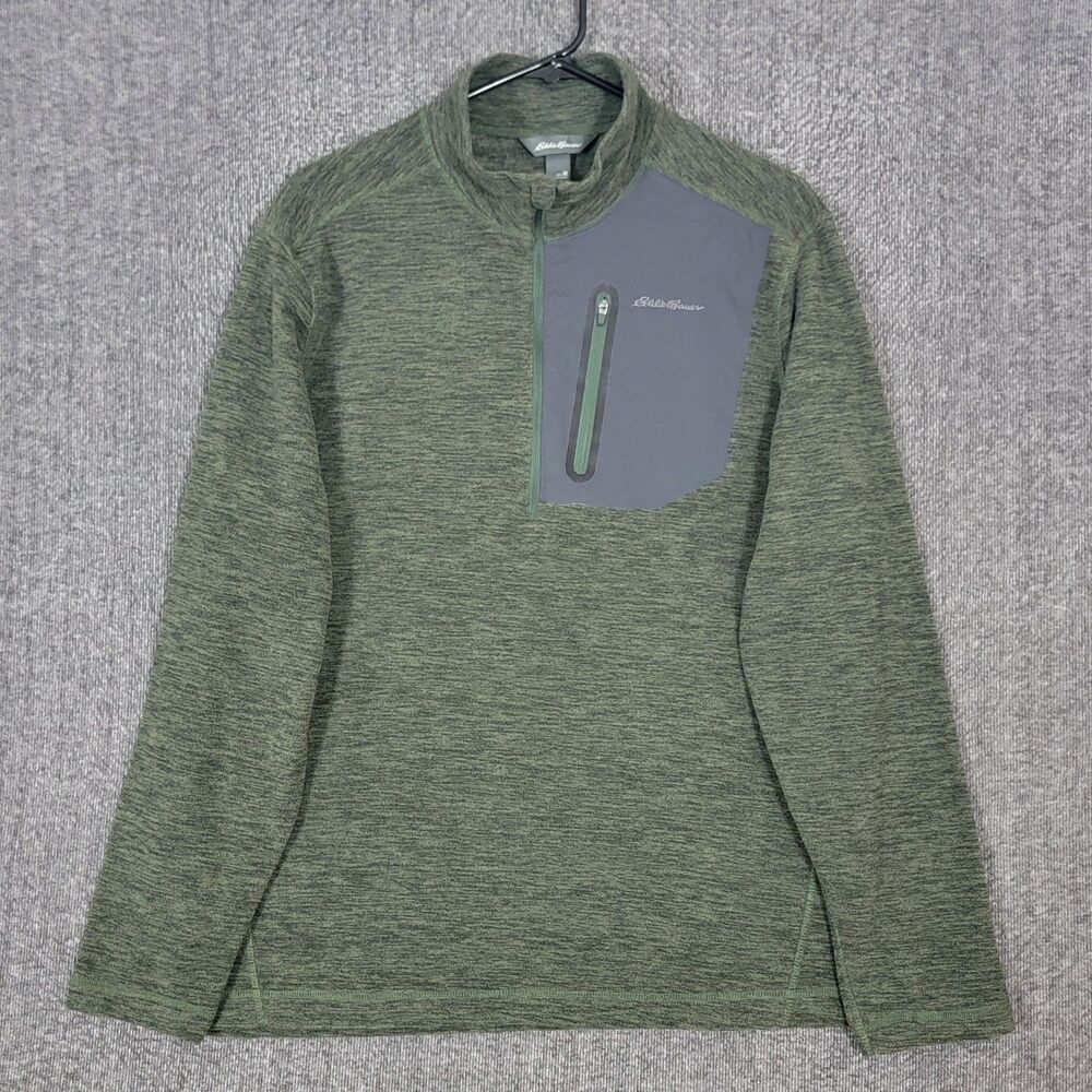 Eddie Bauer Sweater Mens Medium Heather Green Fleece 1/2 Zip Mock Neck Pullover